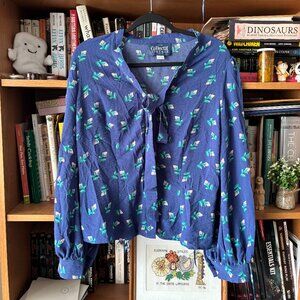 Collectif Vintage UK 14/US 10 Blue Floral Long Sleeve Button Front Bow Blouse